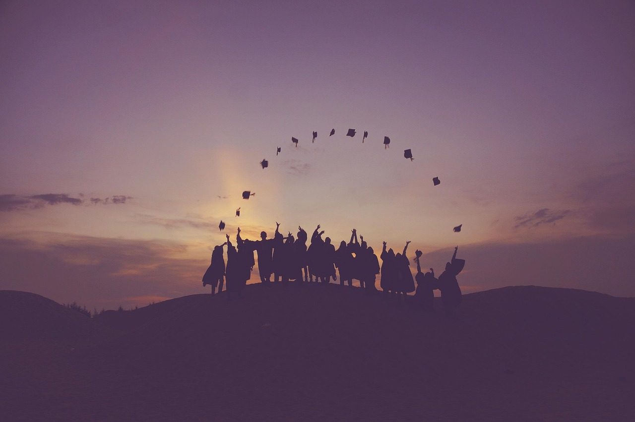 dawn, graduates, throwing hats, dusk, nature, people, silhouette, students, success, sunrise, sunset